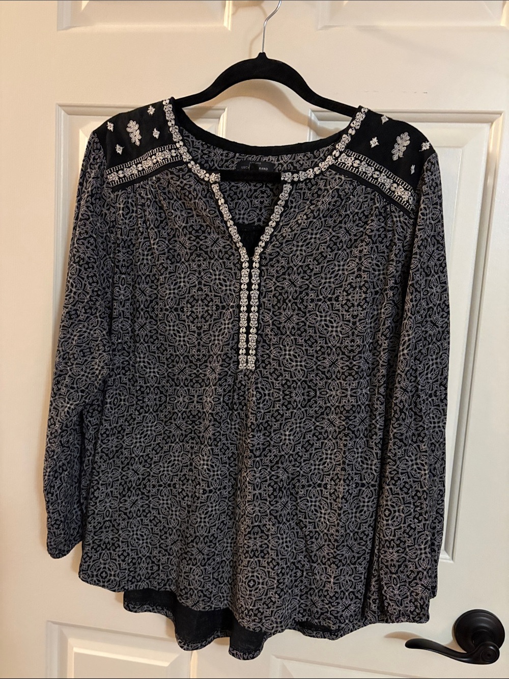 Lucky Brand Black and Gray Embroidered Peasant Tunic